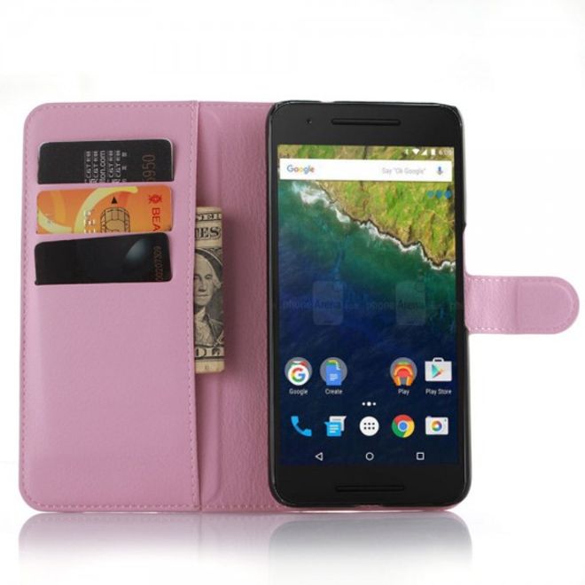 Huawei Nexus 6P Schickes Leder Case mit Litchitextur und Standfunktion - pink