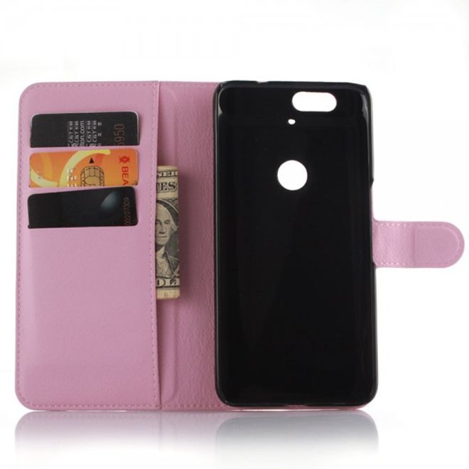 Huawei Nexus 6P Schickes Leder Case mit Litchitextur und Standfunktion - pink
