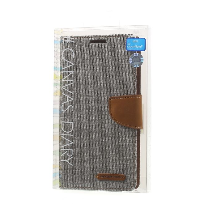 Goospery - Hülle für Samsung Galaxy Note 5  - Bookcover- Canvas Diary Series - grau/camel