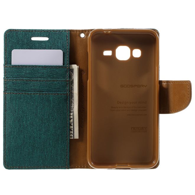 Goospery - Hülle für Samsung Galaxy J3 (2016) - Bookcover- Canvas Diary Series - grün/camel