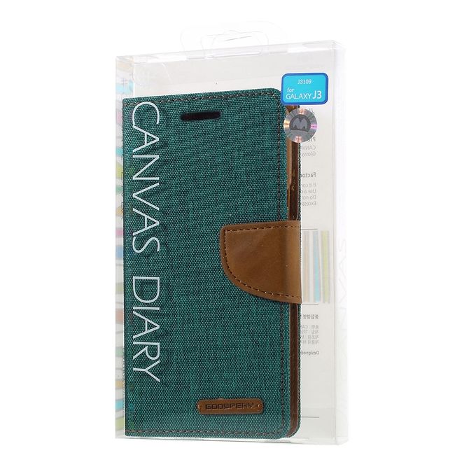 Goospery - Hülle für Samsung Galaxy J3 (2016) - Bookcover- Canvas Diary Series - grün/camel
