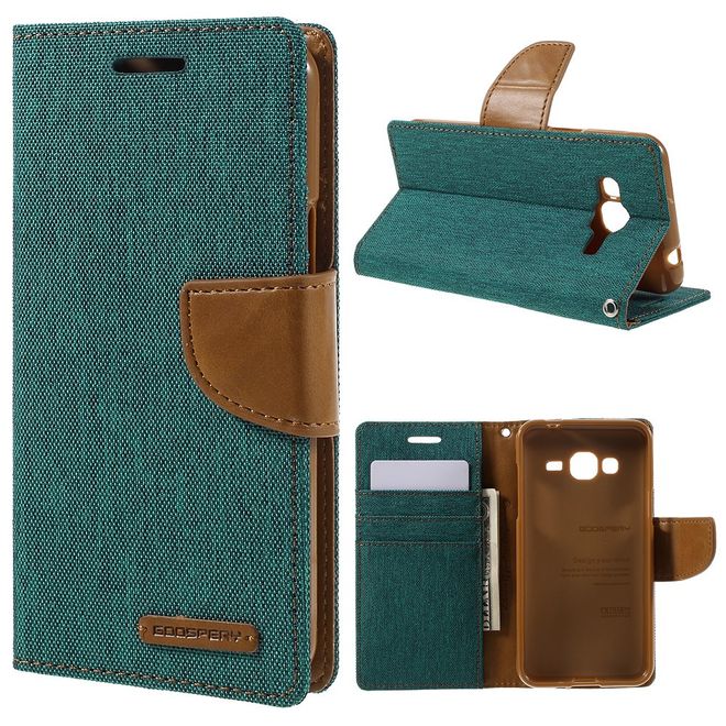 Goospery - Hülle für Samsung Galaxy J3 (2016) - Bookcover- Canvas Diary Series - grün/camel
