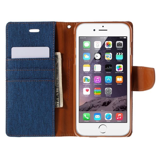 Goospery - Hülle für iPhone 6 Plus/6S Plus - Bookcover- Canvas Diary Series - blau/camel