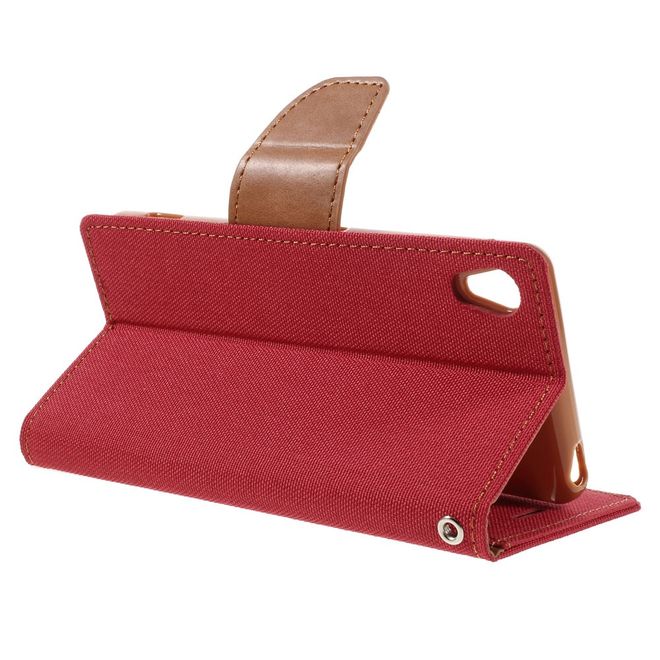 Goospery - Hülle für Sony Xperia XA - Bookcover- Canvas Diary Series - rot/camel