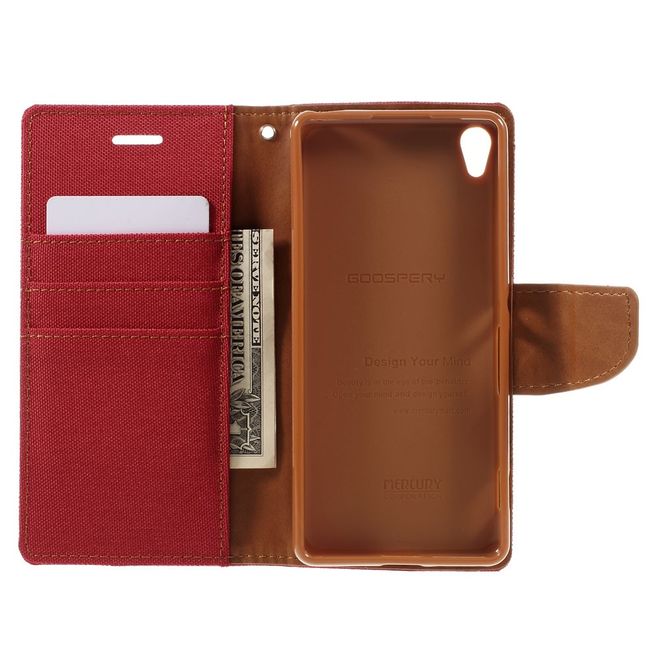 Goospery - Hülle für Sony Xperia XA - Bookcover- Canvas Diary Series - rot/camel