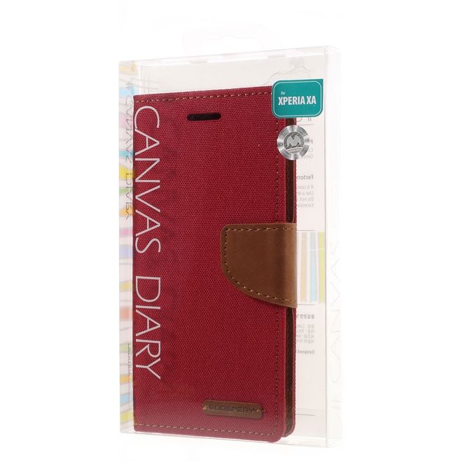 Goospery - Hülle für Sony Xperia XA - Bookcover- Canvas Diary Series - rot/camel
