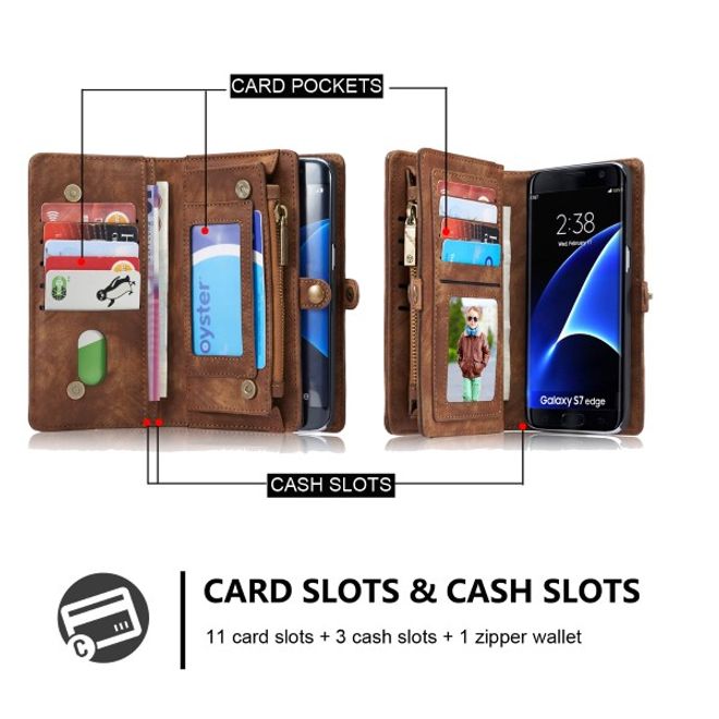 Caseme - Leder Portemonnaie mit abnehmbarer Plastik Hülle für Samsung Galaxy S7 Edge - kaffeefarben