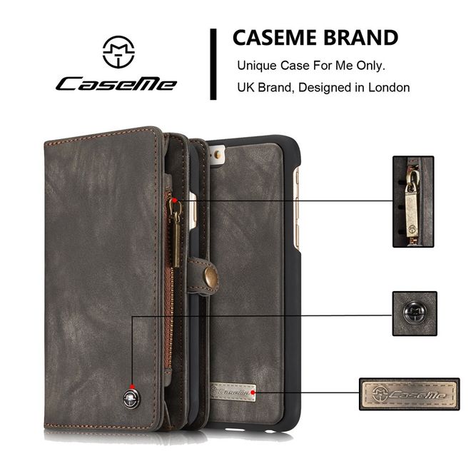 Caseme - iphone 6/6S Hülle - Case aus Leder/Plastik - Retrostyle - abnehmbares Plastik Cover - grau