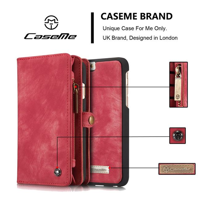 Caseme - iPhone 6 Plus/6S Plus Hülle - Case aus Leder/Plastik - Retrostyle - abnehmbares Plastik Cover - rot