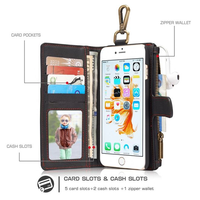 Caseme - Hülle für iPhone 6 Plus/6S Plus - Cover aus Leder/Plastik - mit Karabinerhaken - schwarz