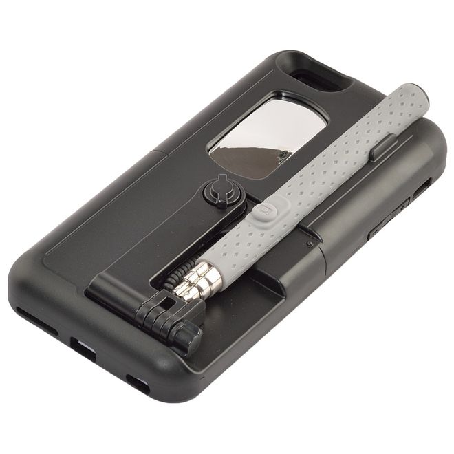 Hülle für iPhone 6 Plus/6S Plus - Case aus Plastik/Silikon - mit Selfie Stick, Spiegel und Auslöseknopf - schwarz