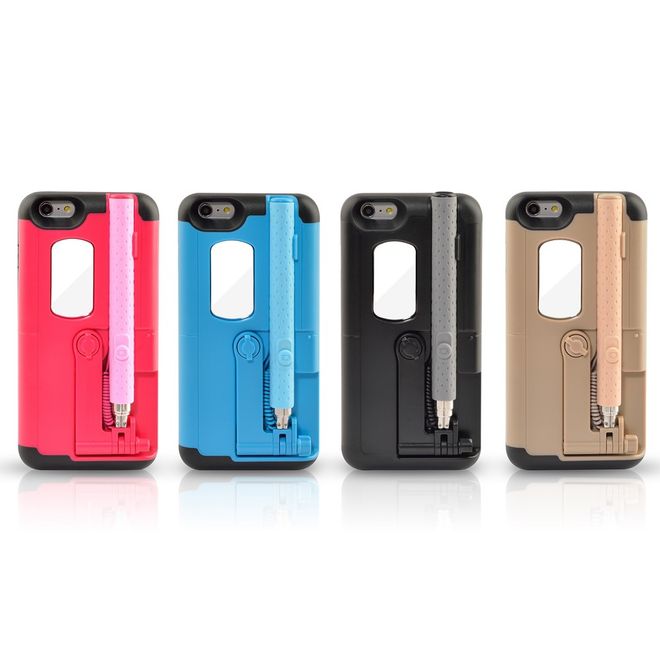 Hülle für iPhone 6 Plus/6S Plus - Case aus Plastik/Silikon - mit Selfie Stick, Spiegel und Auslöseknopf - schwarz