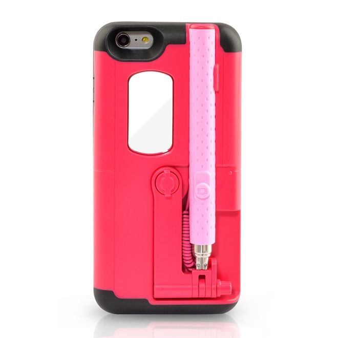 Hülle für iPhone 6 Plus/6S Plus - Case aus Plastik/Silikon - mit Selfie Stick, Spiegel und Auslöseknopf - rot