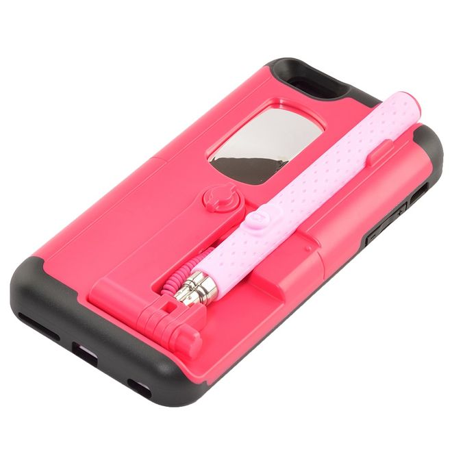 Hülle für iPhone 6 Plus/6S Plus - Case aus Plastik/Silikon - mit Selfie Stick, Spiegel und Auslöseknopf - rot