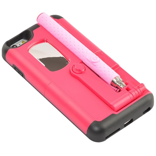 Hülle für iPhone 6 Plus/6S Plus - Case aus Plastik/Silikon - mit Selfie Stick, Spiegel und Auslöseknopf - rot