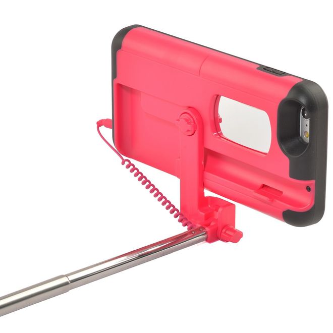 Hülle für iPhone 6 Plus/6S Plus - Case aus Plastik/Silikon - mit Selfie Stick, Spiegel und Auslöseknopf - rot