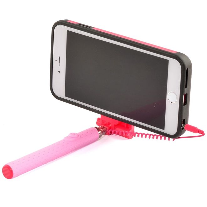 Hülle für iPhone 6 Plus/6S Plus - Case aus Plastik/Silikon - mit Selfie Stick, Spiegel und Auslöseknopf - rot