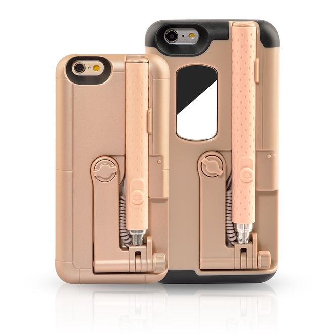 Hülle für iPhone 6 Plus/6S Plus - Case aus Plastik/Silikon - mit Selfie Stick, Spiegel und Auslöseknopf - gold