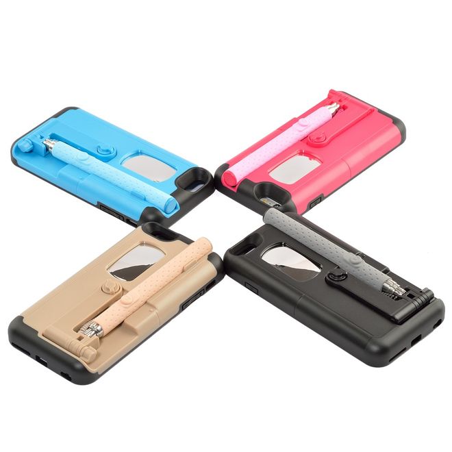 Hülle für iPhone 6 Plus/6S Plus - Case aus Plastik/Silikon - mit Selfie Stick, Spiegel und Auslöseknopf - gold