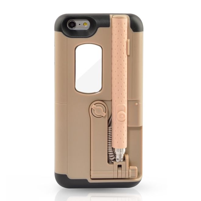 Hülle für iPhone 6 Plus/6S Plus - Case aus Plastik/Silikon - mit Selfie Stick, Spiegel und Auslöseknopf - gold