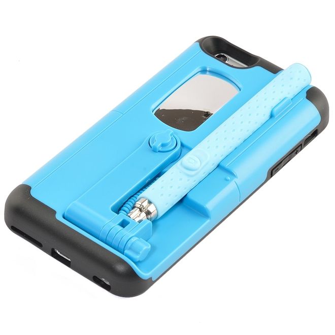 Hülle für iPhone 6 Plus/6S Plus - Case aus Plastik/Silikon - mit Selfie Stick, Spiegel und Auslöseknopf - blau