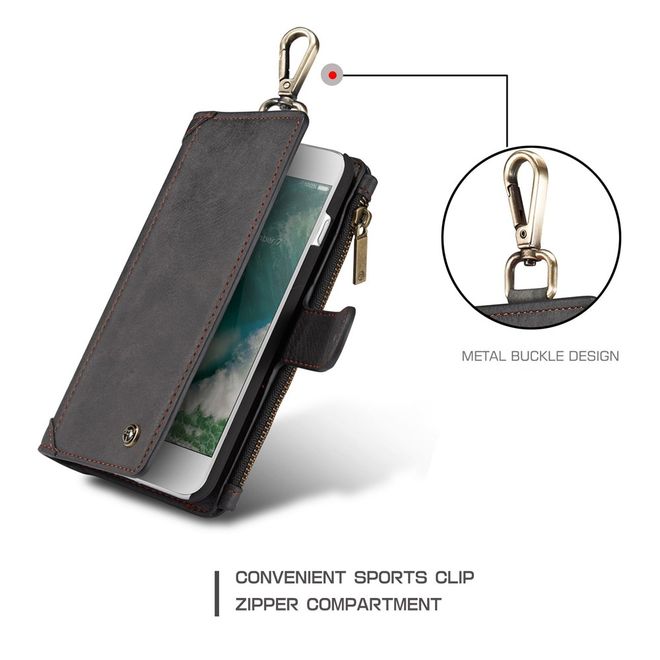 Caseme - Hülle für iPhone 8 Plus / 7 Plus - Cover aus Leder/Plastik - mit Karabinerhaken - schwarz