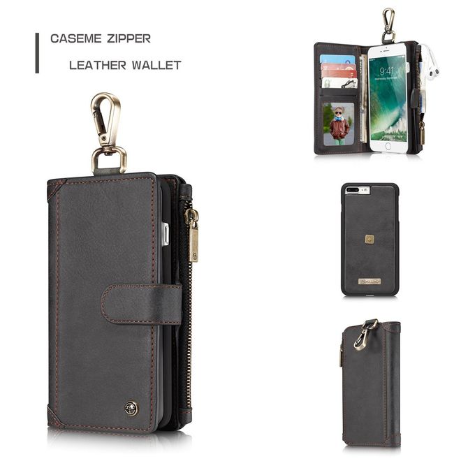 Caseme - Hülle für iPhone 8 Plus / 7 Plus - Cover aus Leder/Plastik - mit Karabinerhaken - schwarz