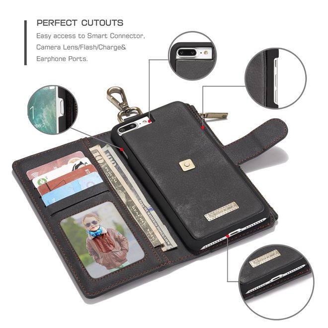 Caseme - Hülle für iPhone 8 Plus / 7 Plus - Cover aus Leder/Plastik - mit Karabinerhaken - schwarz