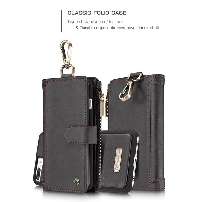 Caseme - Hülle für iPhone 8 Plus / 7 Plus - Cover aus Leder/Plastik - mit Karabinerhaken - schwarz