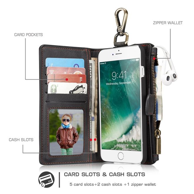 Caseme - Hülle für iPhone 8 Plus / 7 Plus - Cover aus Leder/Plastik - mit Karabinerhaken - schwarz