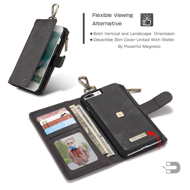 Caseme - Hülle für iPhone 8 Plus / 7 Plus - Cover aus Leder/Plastik - mit Karabinerhaken - schwarz