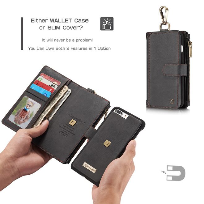 Caseme - Hülle für iPhone 8 Plus / 7 Plus - Cover aus Leder/Plastik - mit Karabinerhaken - schwarz