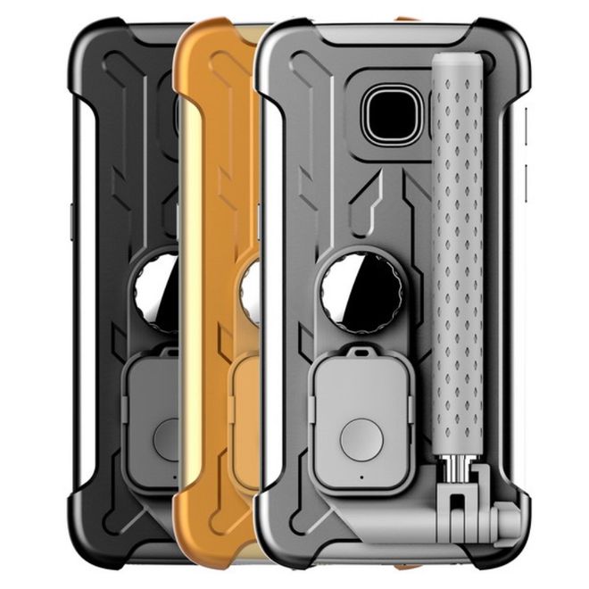 Hülle für Samsung Galaxy S7 Edge - Case aus Plastik/Silikon - mit Selfie Stick, Spiegel und Bluetooth Auslöser - schwarz