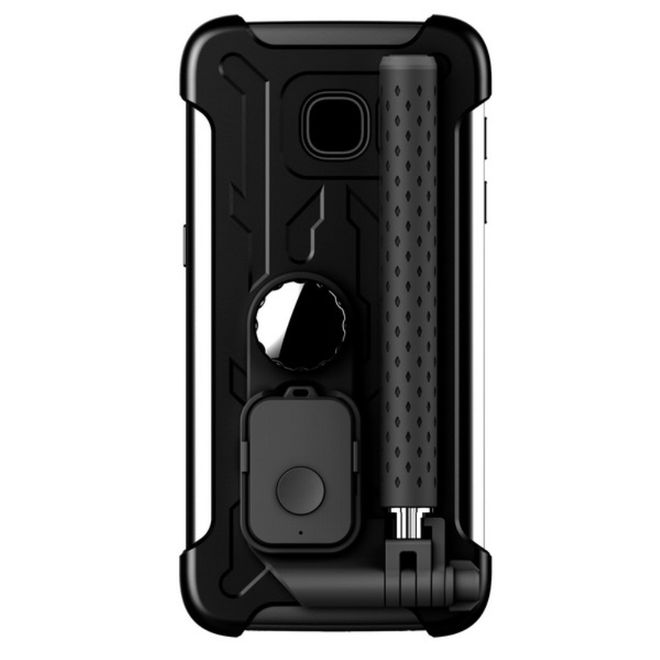 Hülle für Samsung Galaxy S7 Edge - Case aus Plastik/Silikon - mit Selfie Stick, Spiegel und Bluetooth Auslöser - schwarz