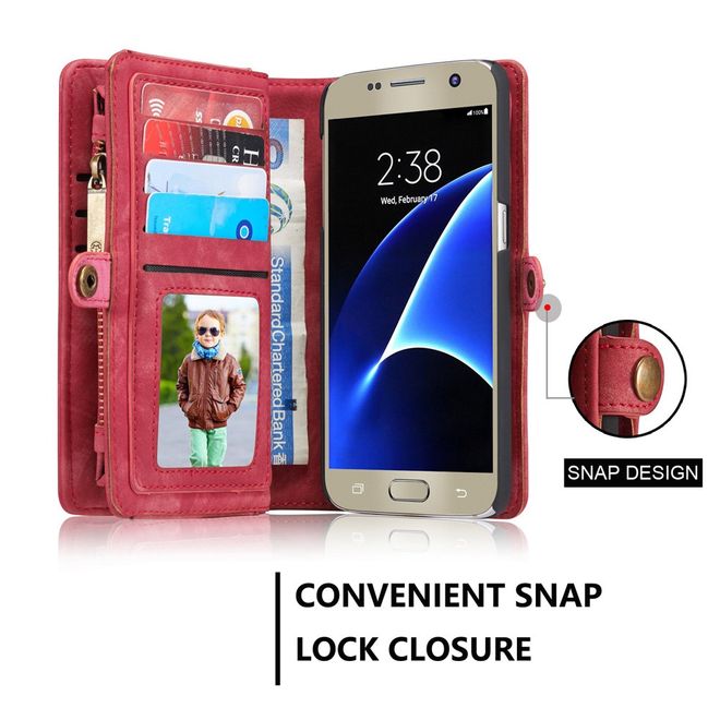 Caseme - Samsung Galaxy S7 Hülle - Case aus Leder/Plastik - Retrostyle - abnehmbares Plastik Cover - rot
