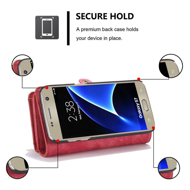 Caseme - Samsung Galaxy S7 Hülle - Case aus Leder/Plastik - Retrostyle - abnehmbares Plastik Cover - rot
