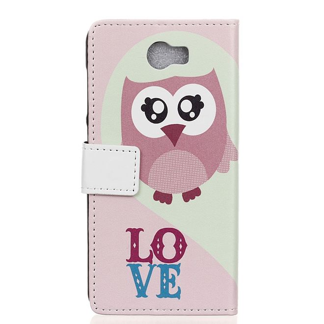 Hülle für Huawei Y6 II Compact - Leder Flip Case - mit Kreditkartenslot - Eule und LOVE Schriftzug