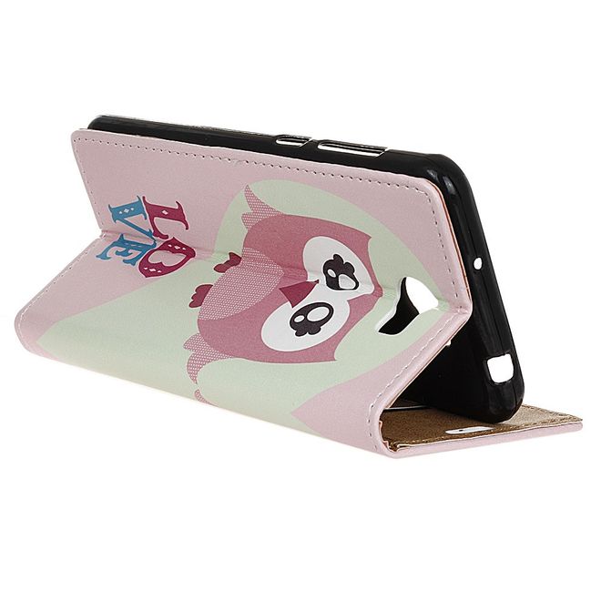 Hülle für Huawei Y6 II Compact - Leder Flip Case - mit Kreditkartenslot - Eule und LOVE Schriftzug