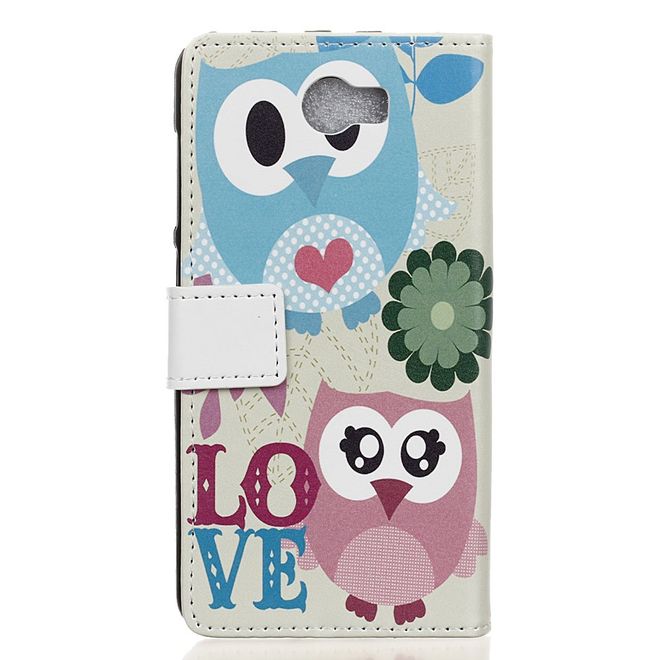 Huawei Y6 II Compact Hülle - Leder Flip Case - mit Kreditkartenslot - Süsse Eulen und Love Schriftzug