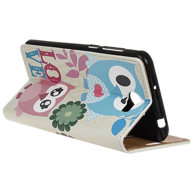 Huawei Y6 II Compact Hülle - Leder Flip Case - mit Kreditkartenslot - Süsse Eulen und Love Schriftzug