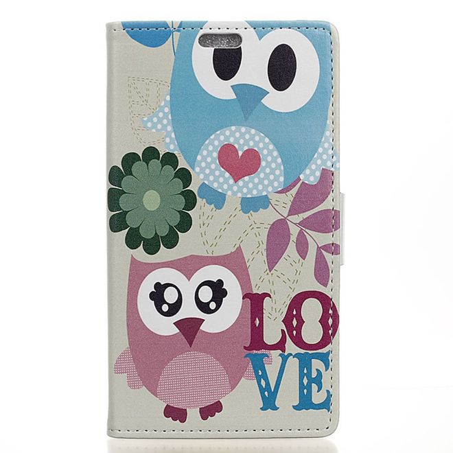 Huawei Y6 II Compact Hülle - Leder Flip Case - mit Kreditkartenslot - Süsse Eulen und Love Schriftzug