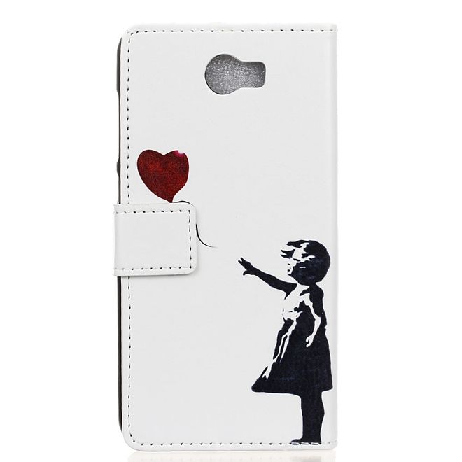 Hülle für Huawei Y6 II Compact - Leder Flip Case - mit Kreditkartenslot - Mädchen und fliegender Ballon