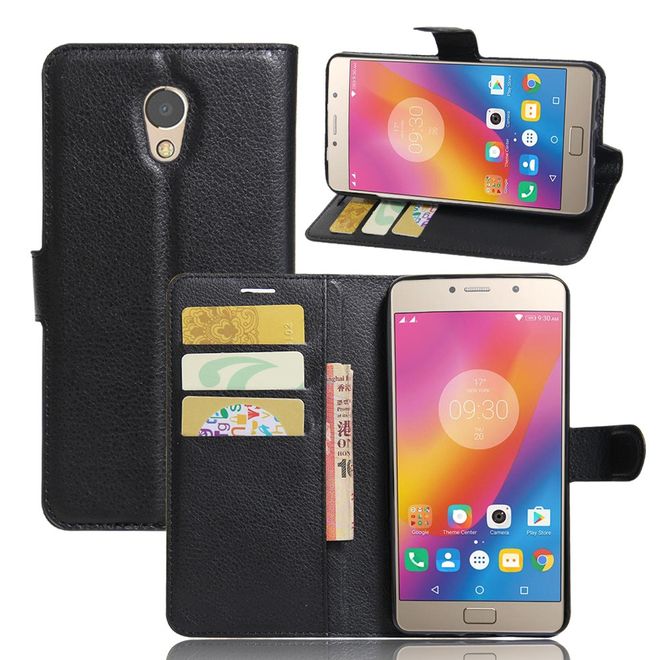 Lenovo P2 Phone Case - Leather Case - with Litchi Texture and Stand Function - Black