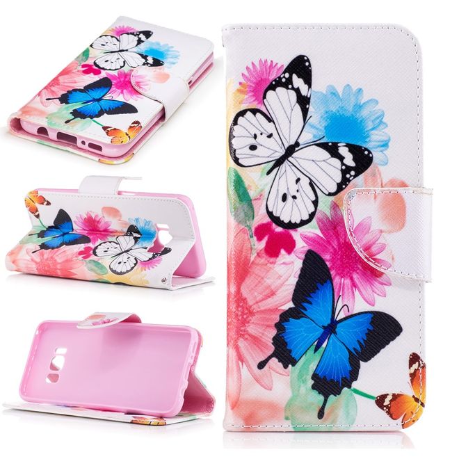 Samsung Galaxy S8 Hülle - Handy Cover aus Leder - farbige Schmetterlinge und Blumen