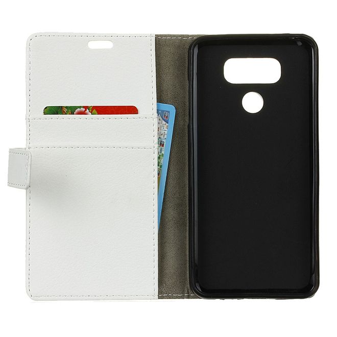 LG G6 Phone Case - Leather Cover - with Litchi Texture and Stand Function - White
