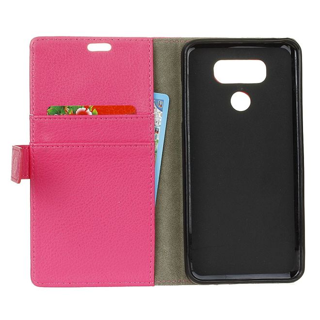 LG G6 Phone Case - Leather Cover - with Litchi Texture and Stand Function - Pink