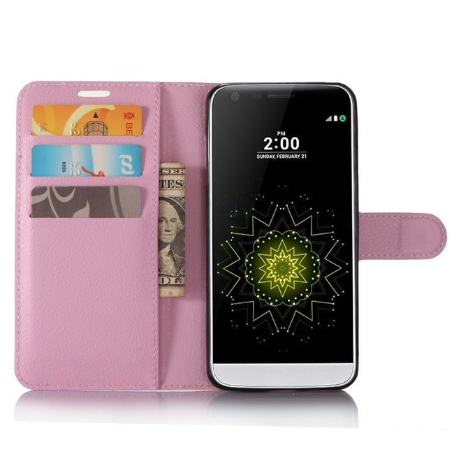 Handyhülle für LG G6 - Case aus Leder - mit Litchitextur und Visitenkartenfach - pink