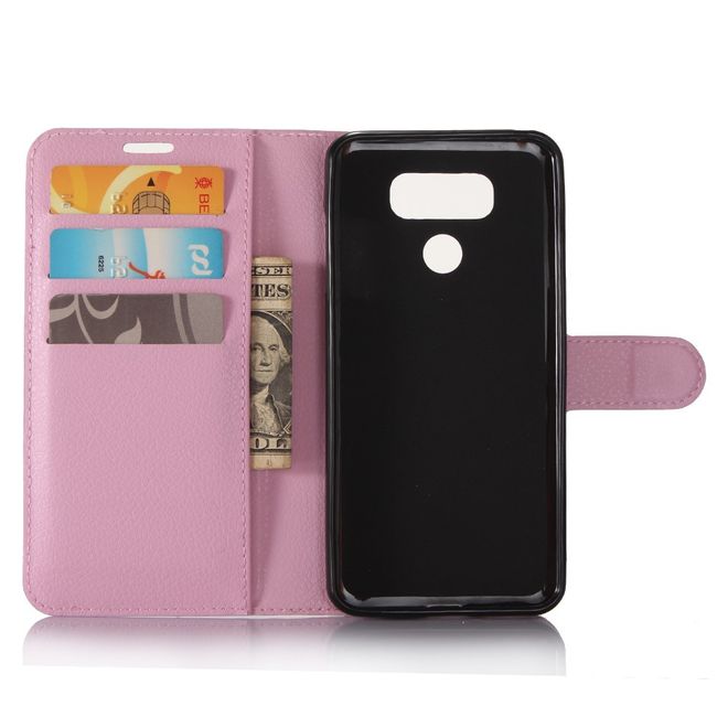 Handyhülle für LG G6 - Case aus Leder - mit Litchitextur und Visitenkartenfach - pink