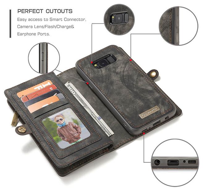 Caseme - Leder Portemonnaie mit abnehmbarer Plastik Hülle für Samsung Galaxy S8 Plus - kaffeefarben