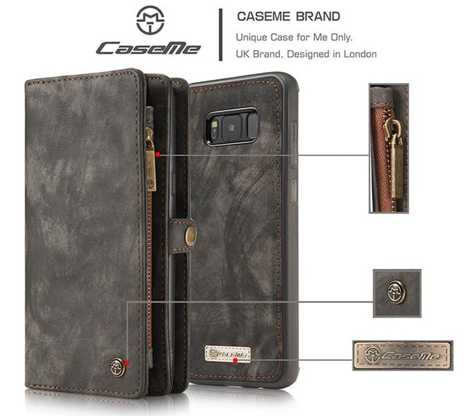Caseme - Leder Portemonnaie mit abnehmbarer Plastik Hülle für Samsung Galaxy S8 Plus - kaffeefarben